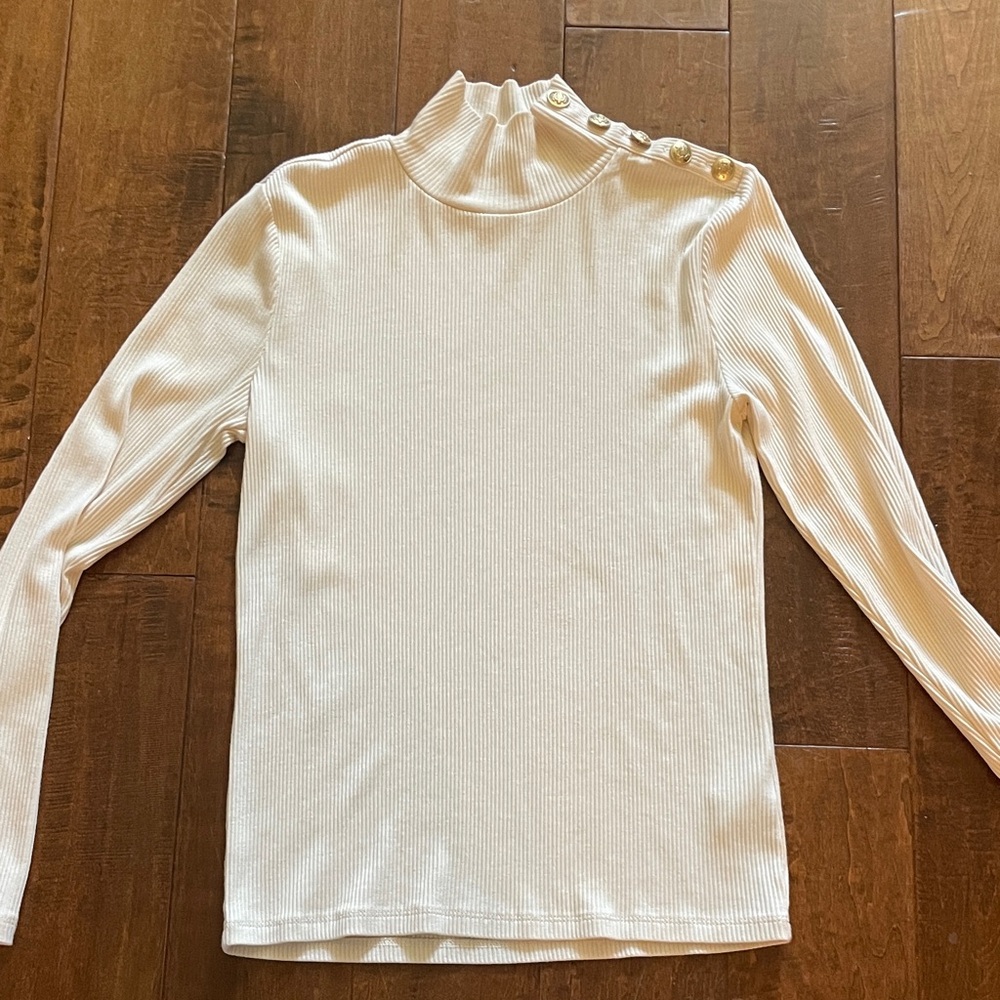 J. Crew Cream Ribbed Mock Neck Top with Gold Crest Buttons